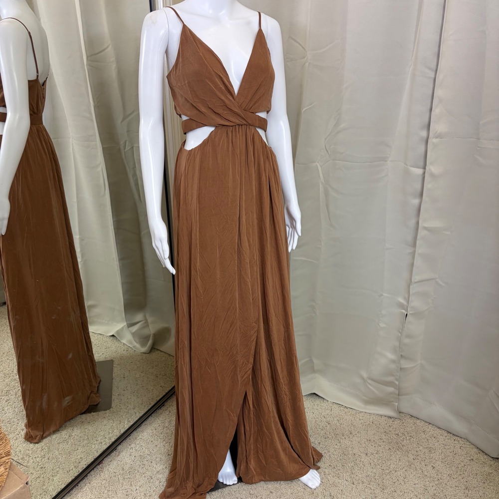 Stylestalker Rust Brown Cut Out Maxi Dress V-Neck High Slit Open Back Small